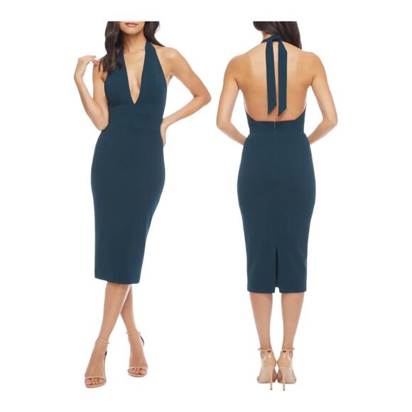 Dress the Population Vanessa Halter body con midi dress green Small S - Picture 1 of 7